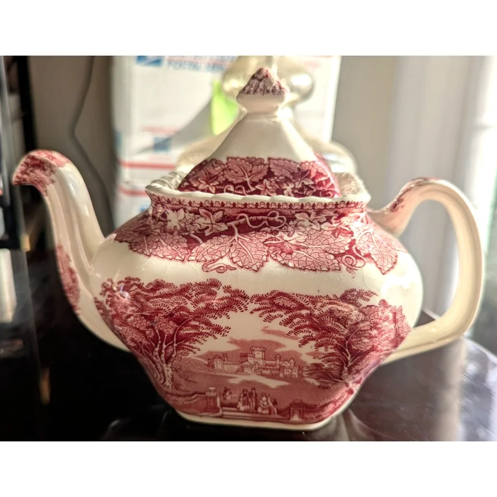 Mason's Vista Pink Red Transfer Teapot & Lid England Vintage $250.00